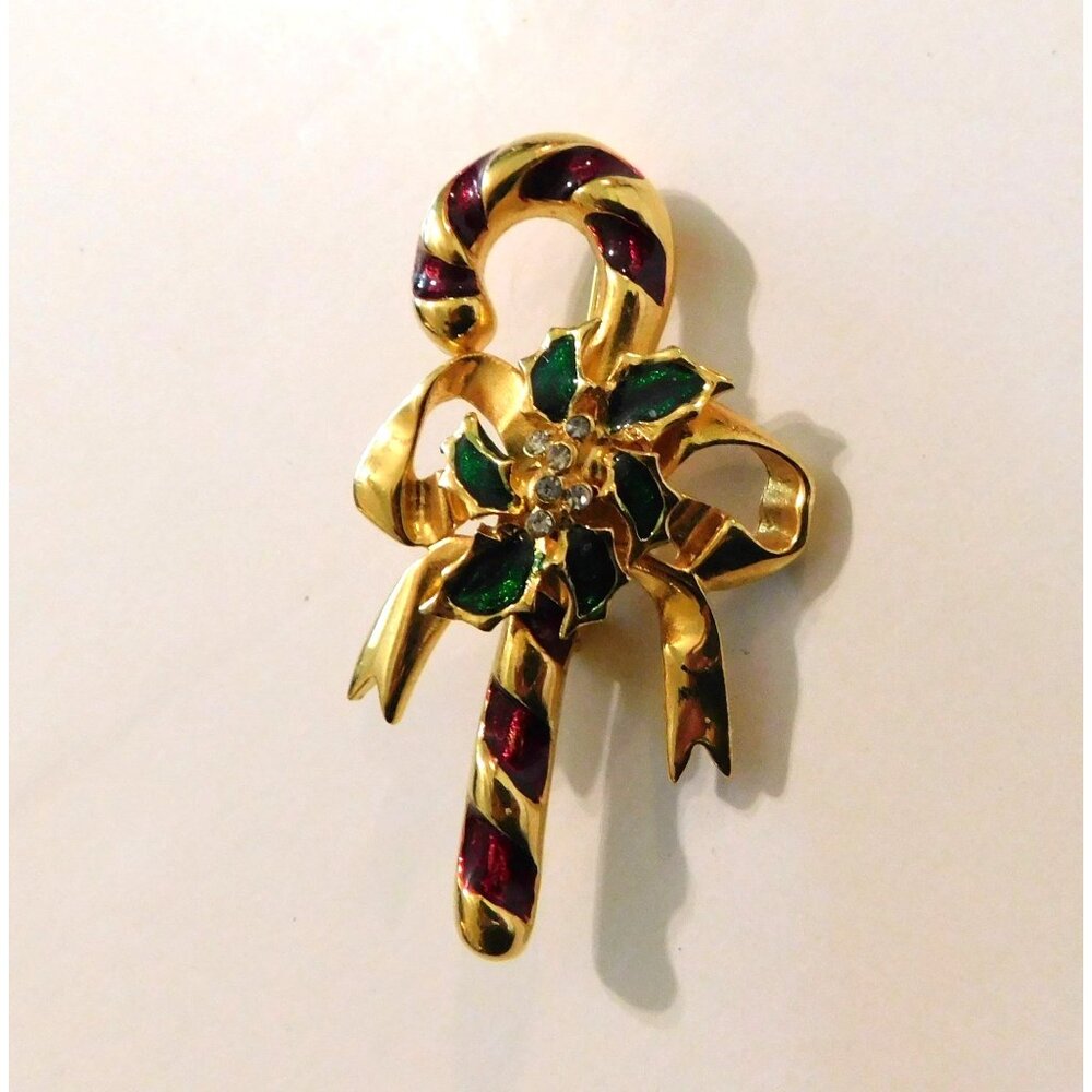 Christmas Candy Cane Enamel Brooch 2 In Clear Rhinestones Festive Bow Gold Tone
